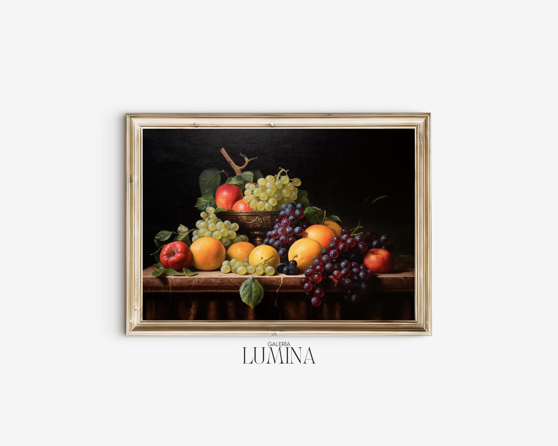 Antique Fruit Still Life Oil Painting Thanksgiving Harvest Kitchen Shelf Art Rustic Fruit Bowl Print Art Frame Tv Art 693 - Image 2