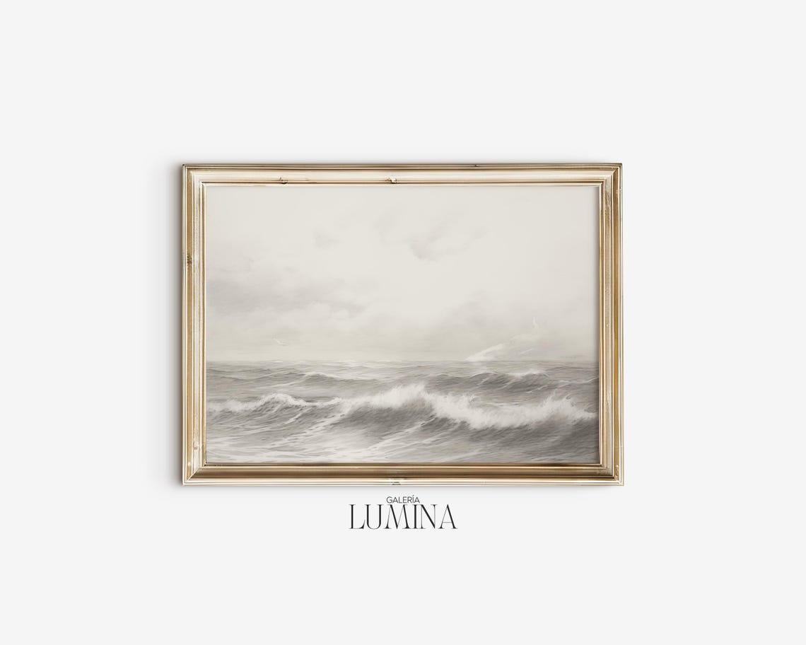 Ocean Waves Pencil Drawing Vintage Seascape Drawing Neutral Coastal Wall Art Nautical Home Decor Art Frame Tv Art 422 - Image 2