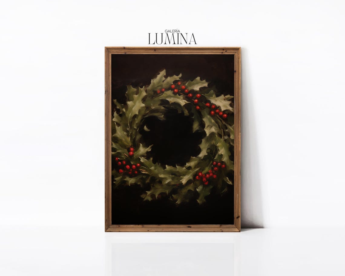 Dark Christmas Holly Wreath with Red Berries on Black Poster - Image 2