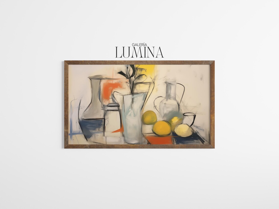 Abstract Still Life Oil Painting Modern Fruit And Vase Artwork Contemporary Lemon And Glass Print Art Frame Tv Art 797 - Image 3