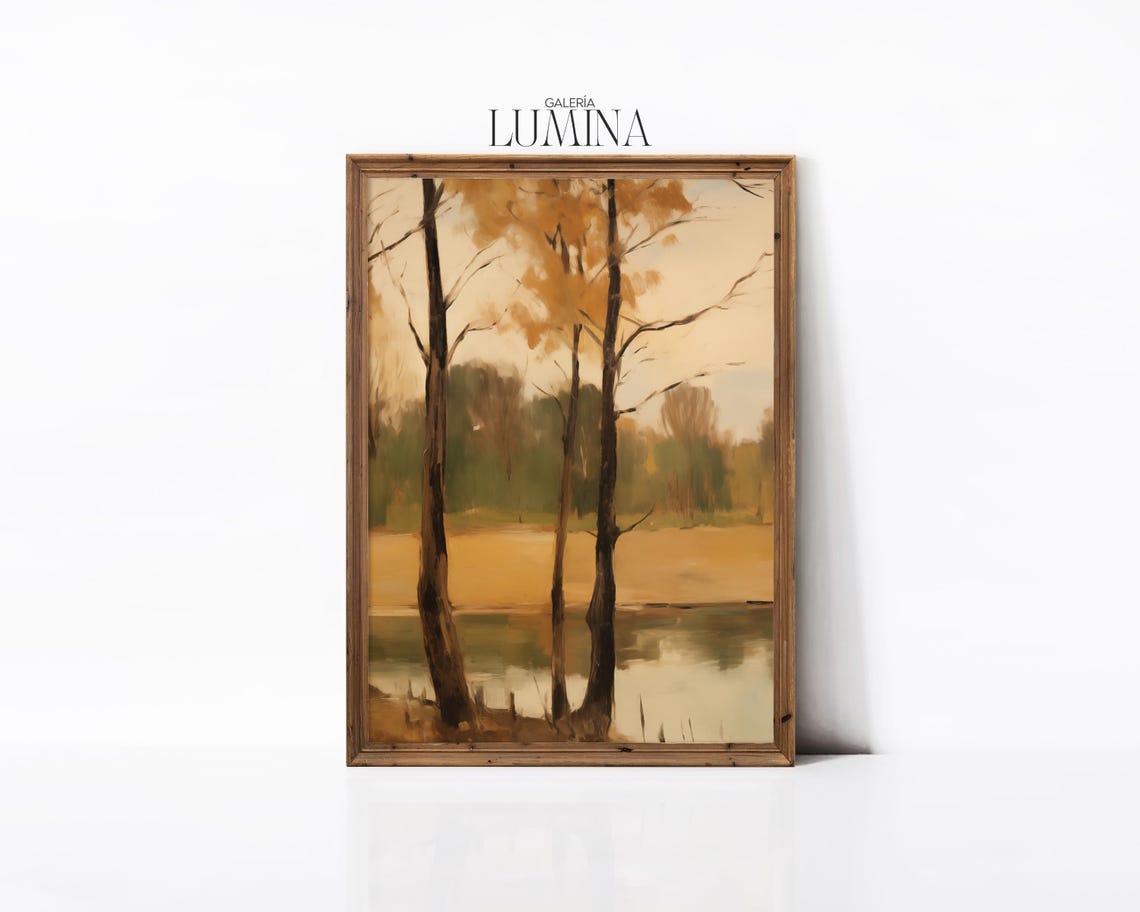Bare Autumn Trees by a Misty River Vintage Lakeside Landscape Poster - Image 3