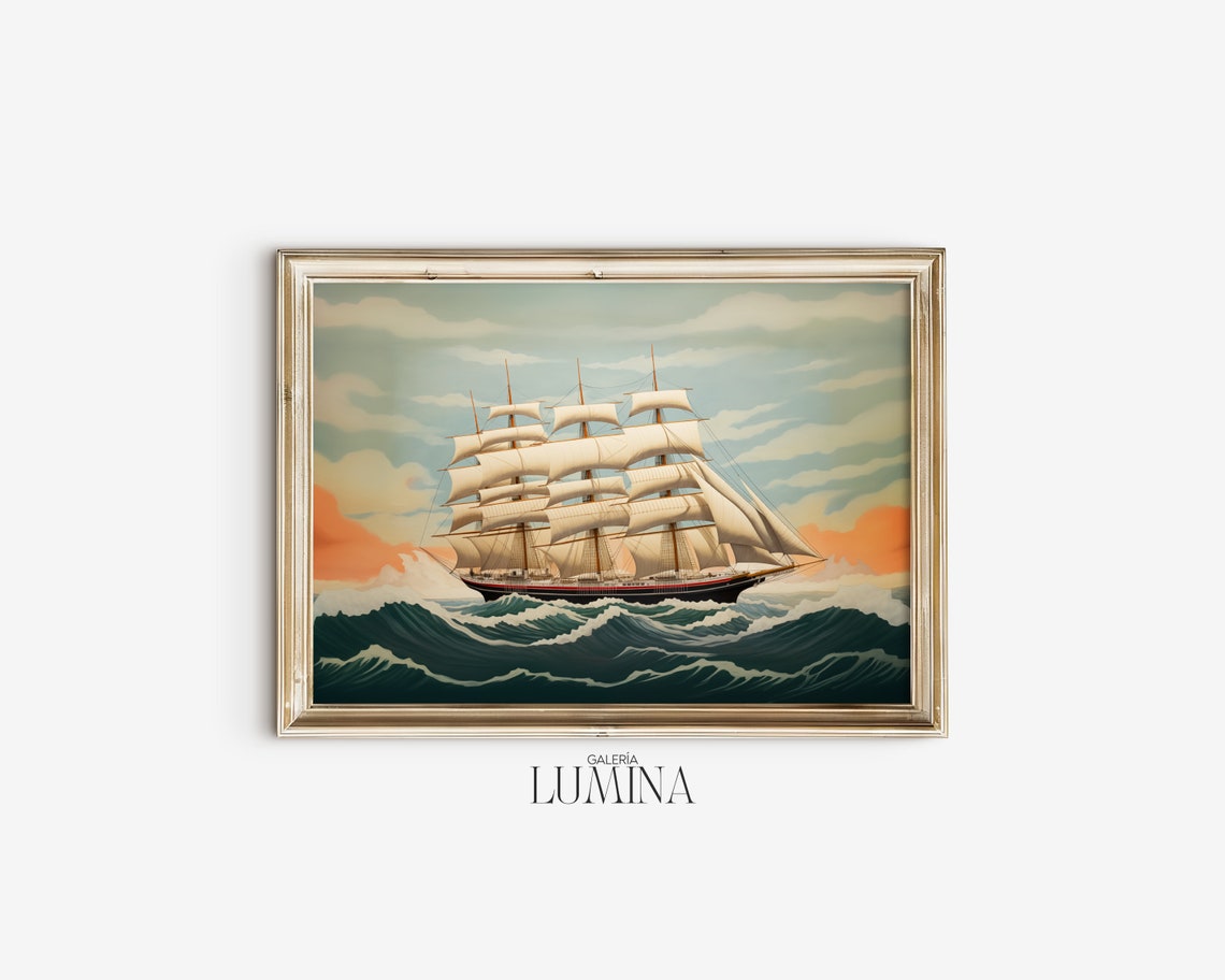 Vintage Large Sailing Ship Drawing Nautical Boat Art Print Antique Seascape Print Landscape Painting Art Frame Tv Art 128 - Image 2