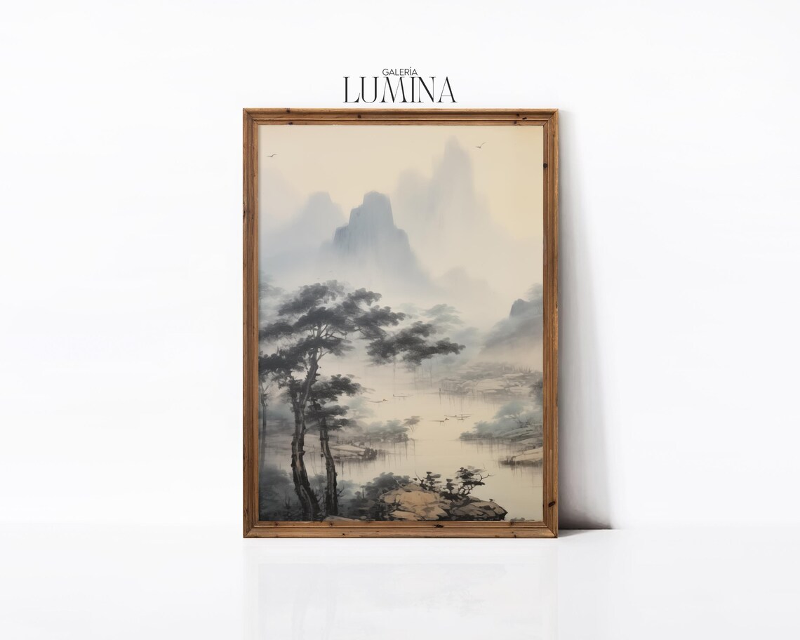 Chinese Ink Wash Mountain Lake Misty Peaks Pine Trees Landscape Poster - Image 2