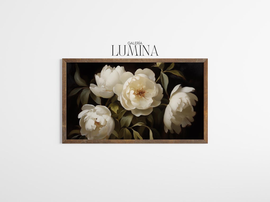 Moody White Peonies Oil Painting Peony Flowers Still Life Painting Dark Background Botanical Print Art Frame Tv Art 757 - Image 3
