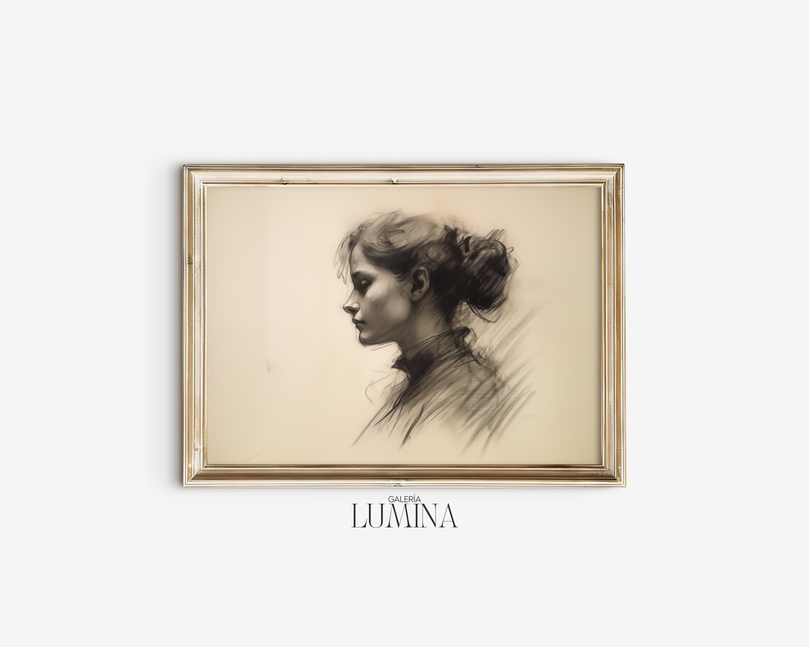 Elegant Woman Profile Charcoal Sketch Victorian Drawing Portrait Poster - Image 2