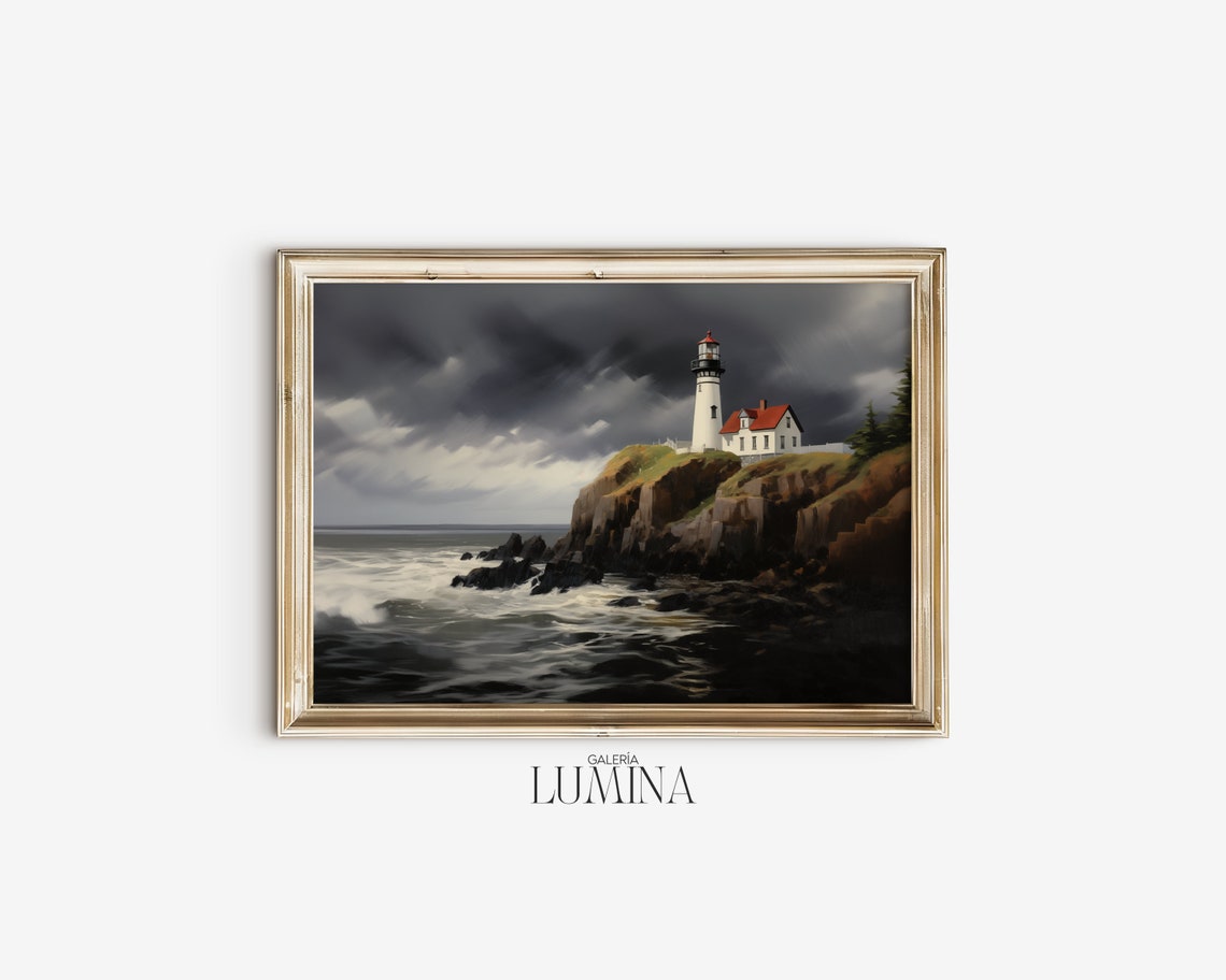 Red White Lighthouse On Shore Painting Nautical Oil Painting Coastal Wall Art Dark Seascape Art Print Art Frame Tv Art 155 - Image 2