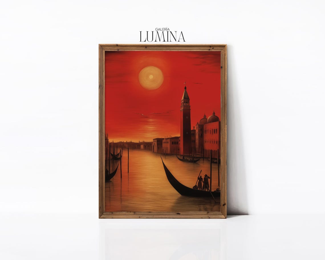 Venice Grand Canal Beneath a Fiery Red Sunset Gondola Art Poster - Image 2