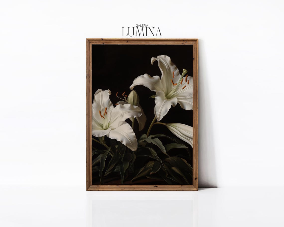 White Lilies Vintage Oil Painting Antique Flower Oil Painting Dark Moody Botanical Realistic Painting Art Frame Tv Art 610 - Image 3