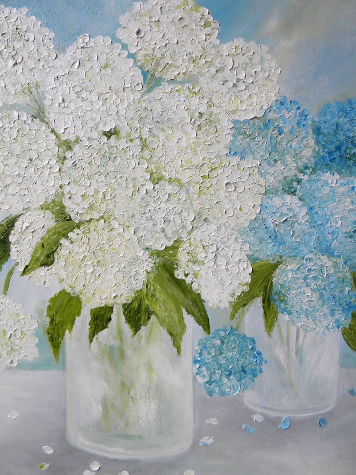 Blue and White Hydrangea Impasto Oil Painting Art Print - Image 4