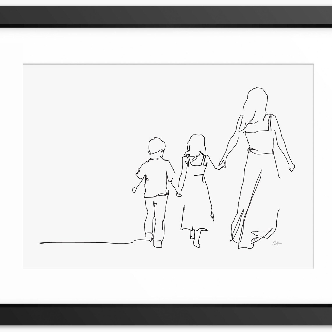 Mother Leading Two Children by the Hand Tender Line Art Poster