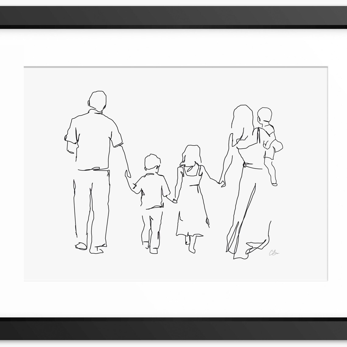 Parents and Two Children Strolling Away Together Line Art Poster
