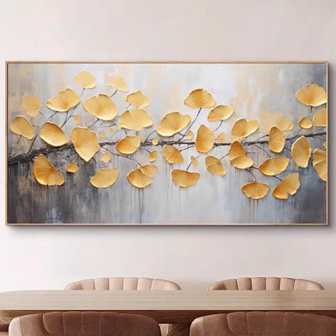 Golden Ginkgo Leaves Branch Textured Horizontal Floral Tree Poster