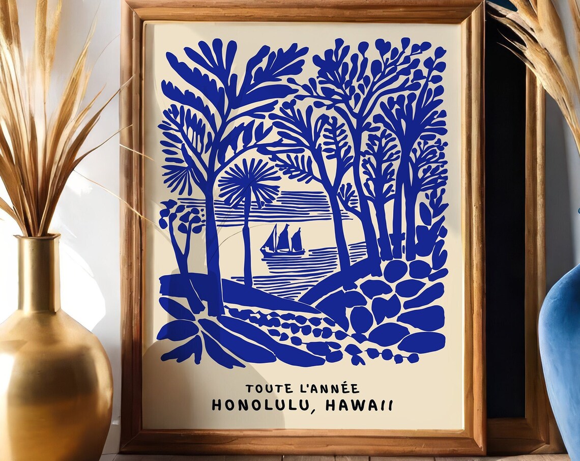 Indigo Honolulu Hawaii Tropical Sailboat And Palm Trees Poster