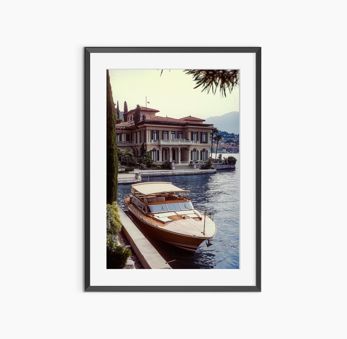 Classic Wooden Yacht Anchored By Elegant Lakeside Villa Calm Water Poster