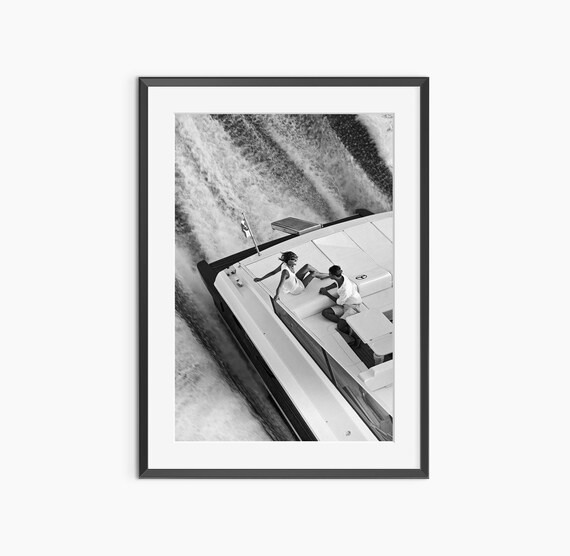 Vintage Summer Cruise Couple On Yacht Stern Black White Photo Wall Art