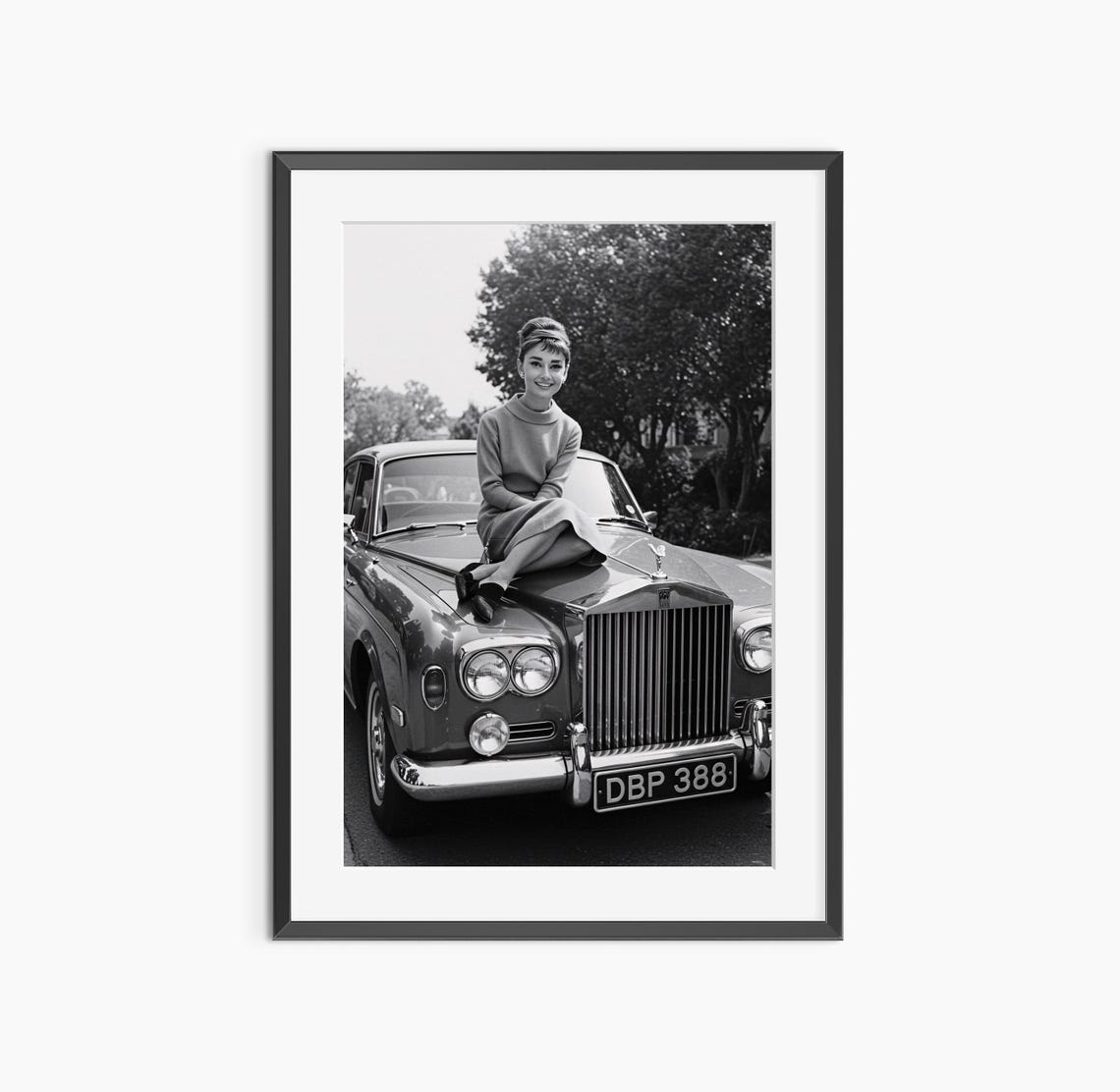 Audrey Hepburn Rolls Royce Hood Black White Hollywood Glamour Poster