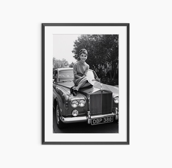 Audrey Hepburn Rolls Royce Hood Black White Hollywood Glamour Poster