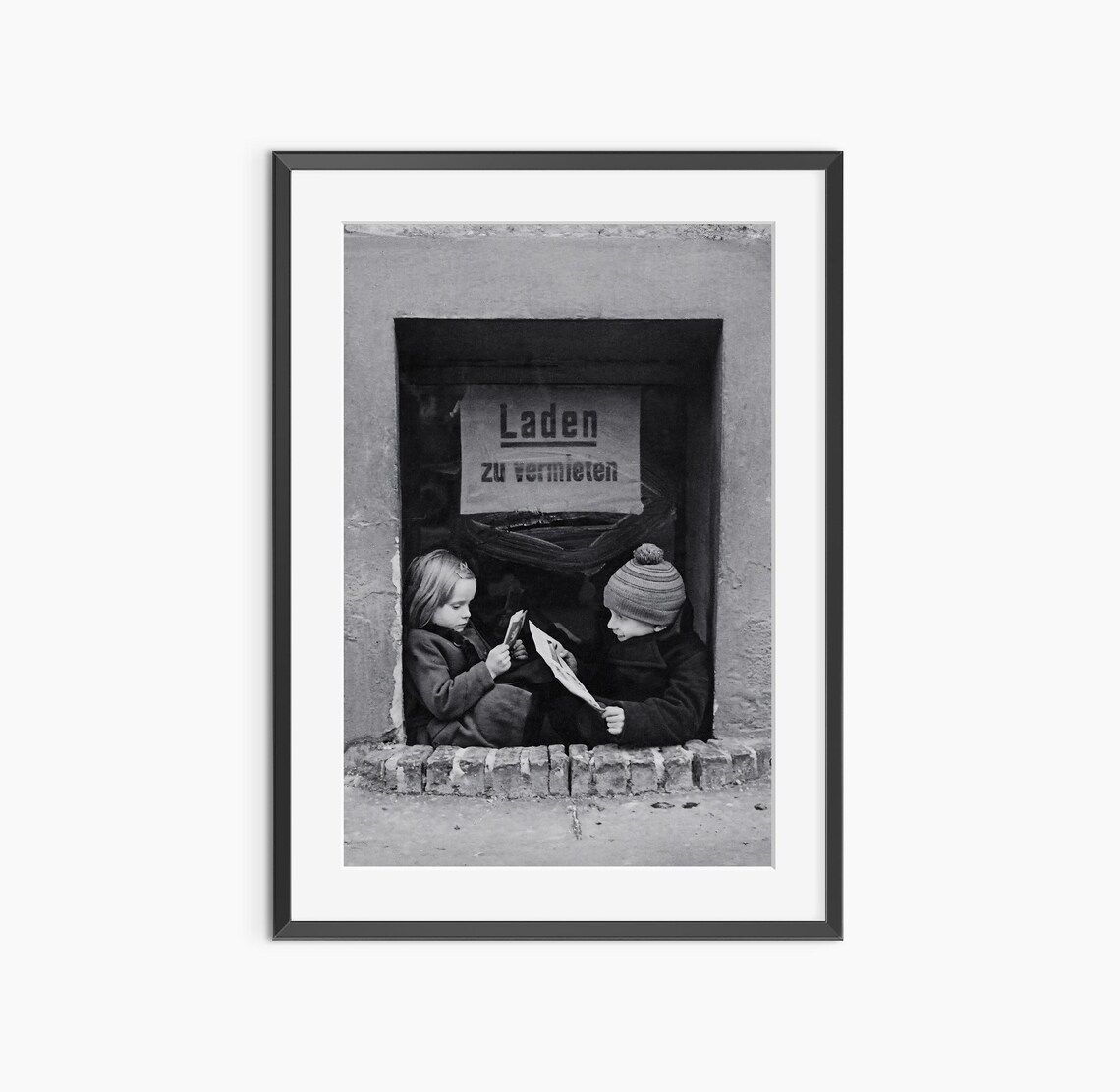 Vintage Children Reading Newspaper Doorway Black White Photo Print