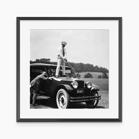 Vintage Black and White Golf Swing on Classic Car Fun Photography Poster