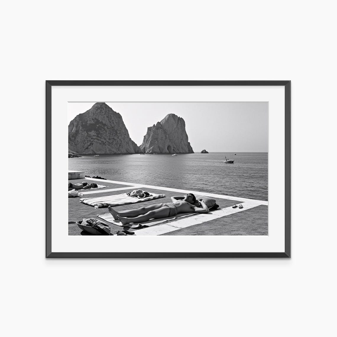 Vintage Sunbather on Rocky Seacoast Black and White Photo Poster