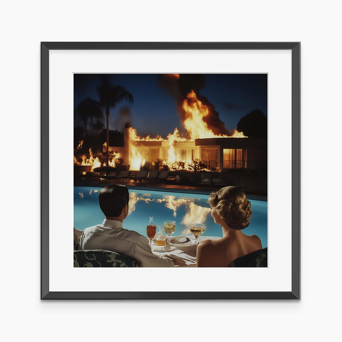 Couple Dining Beside Burning House Surreal Dark Humor Art Print