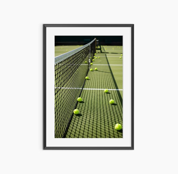 Tennis Court Net Scattered Balls Green Court Sports Photo Poster