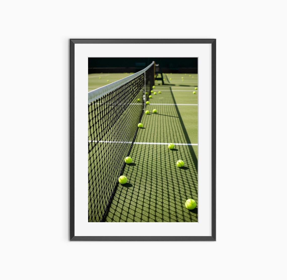 Tennis Court Net Scattered Balls Green Court Sports Photo Poster