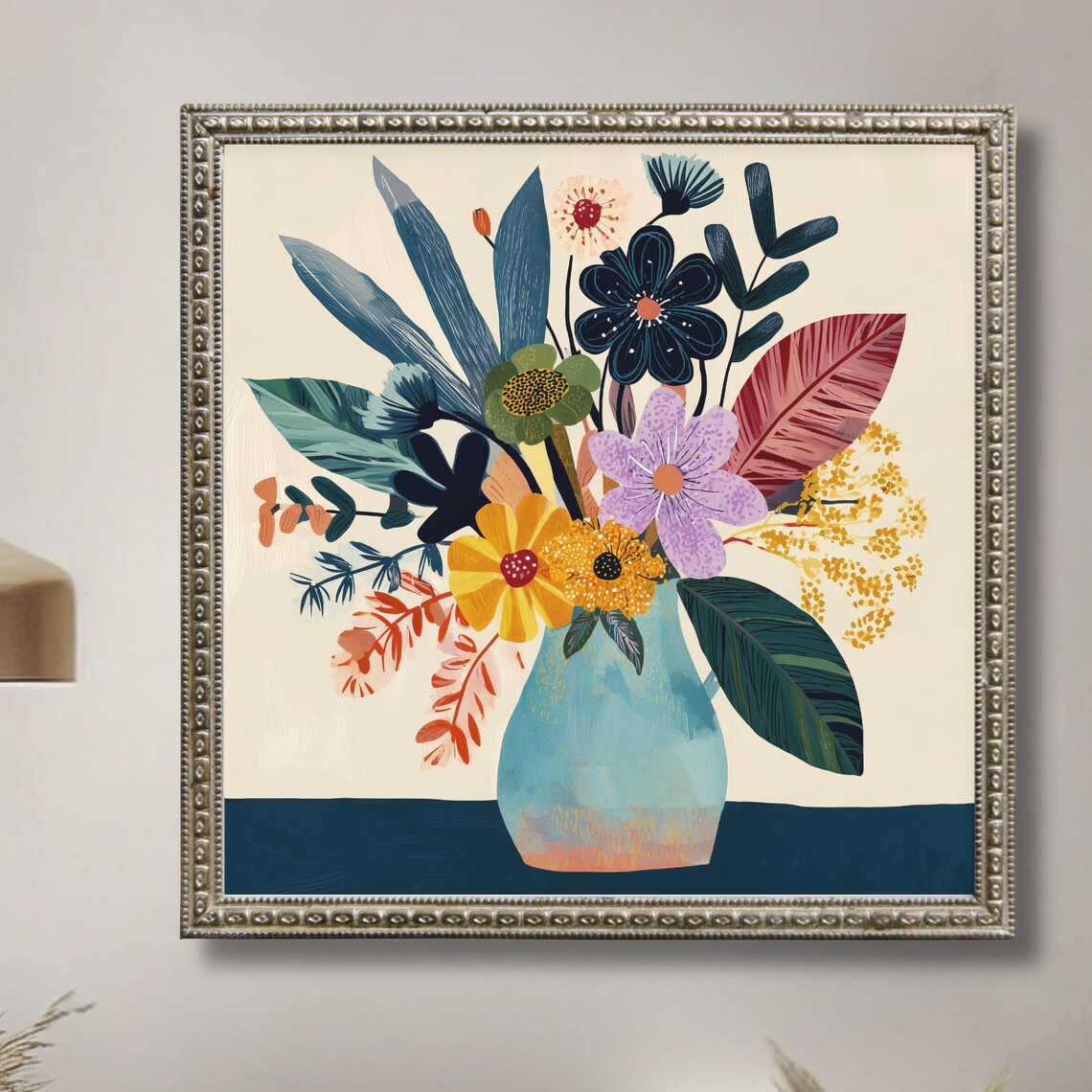 Blue Vase Floral Bouquet Colorful Botanical Illustration Wall Art