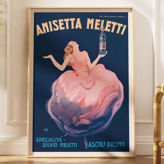 Anisetta Meletti Vintage Italian Liqueur Poster Pink Dress Ad Wall Decor