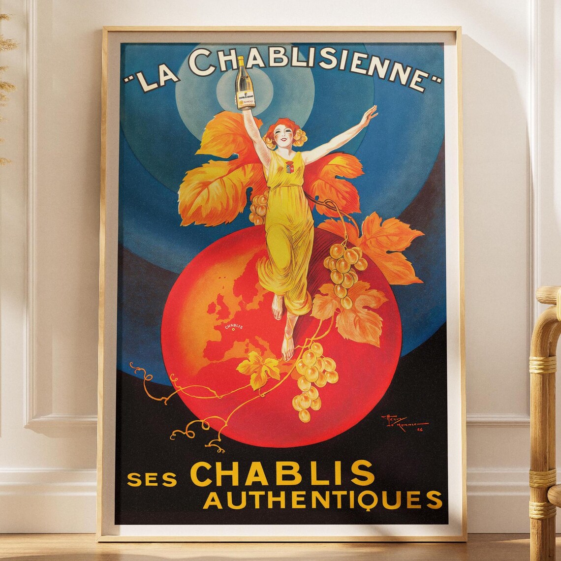 La Chablisienne Vintage French Chablis Wine Woman Grapes Globe Art Poster