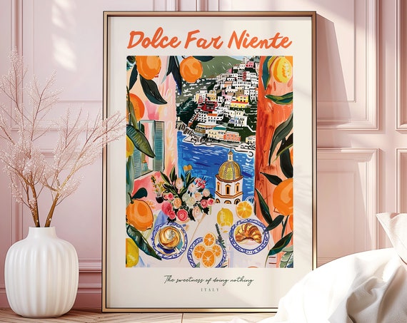 Dolce Far Niente Coffee Croissant Rolled Poster Print Italy Lover Positano Pink Flowers Kitchen Wall Art Home Decor Gift