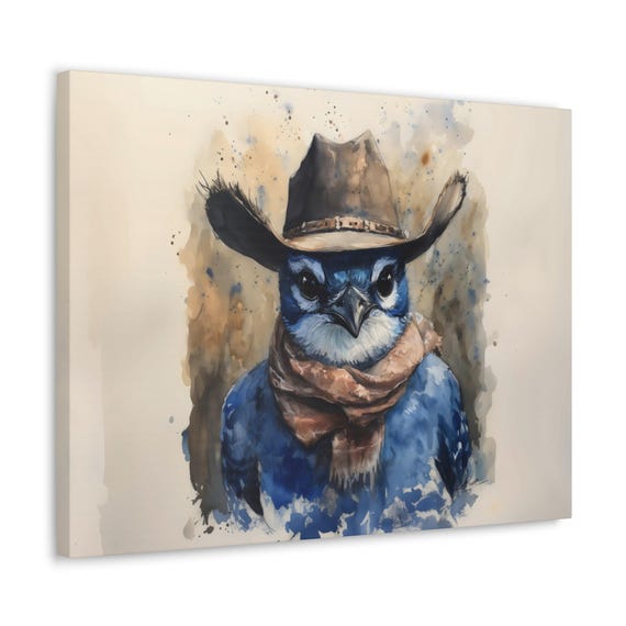 Cowboy Blue Jay Bird Maximalist Eclectic Western Print Bold Altered Party Portrait Fantasy Fun Colorful Renaissance Rustic Art