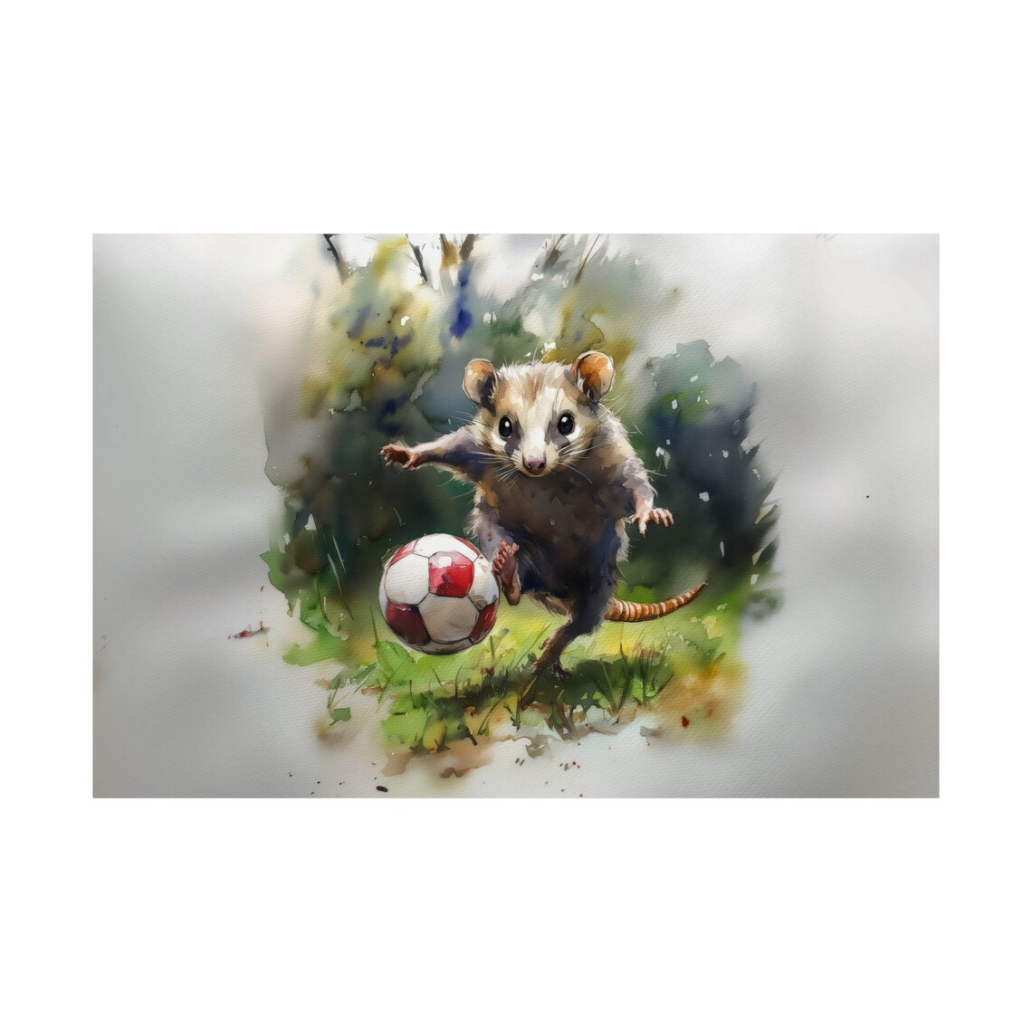 Possum Playing Soccer Cute Watercolor Woodland Animal Poster - Image 2