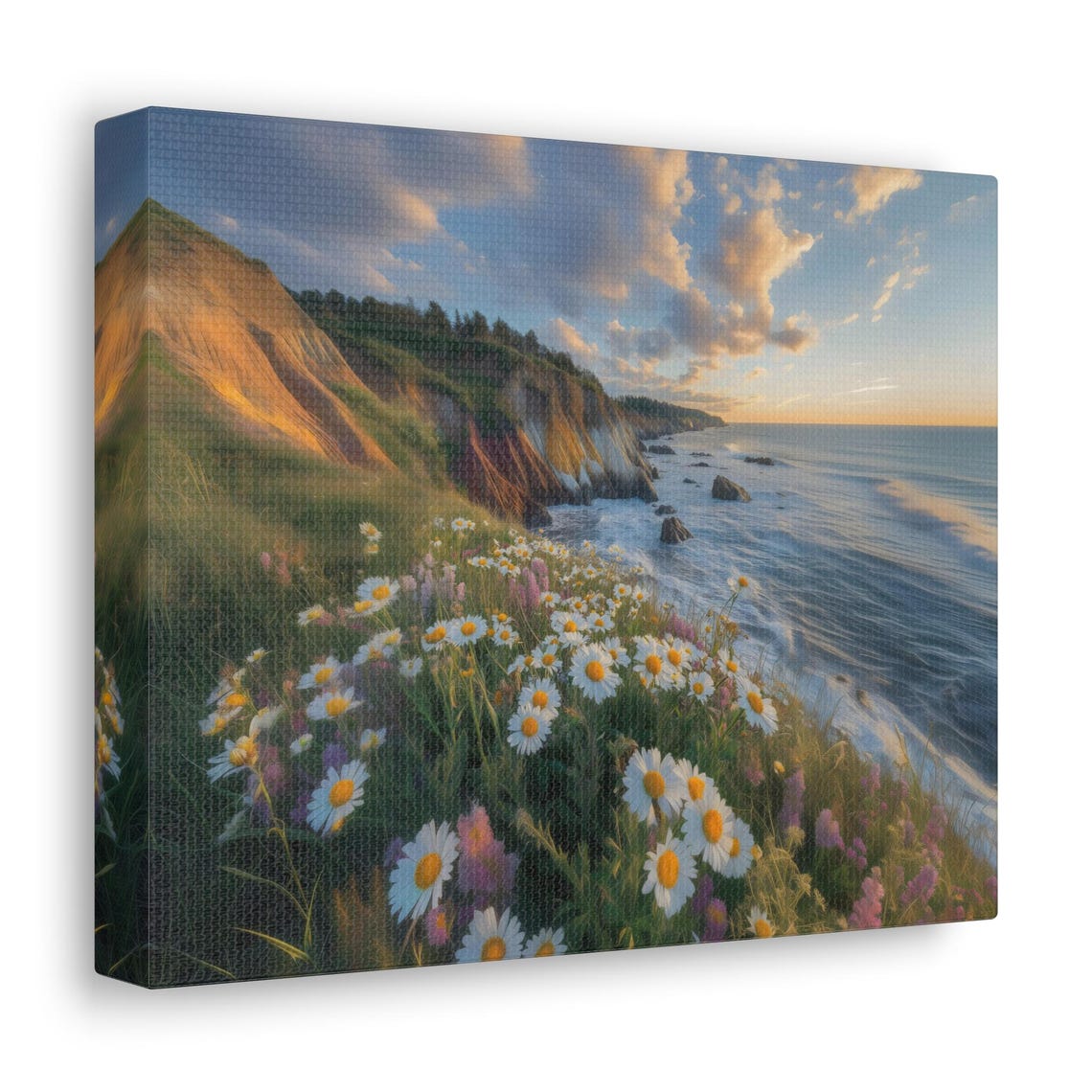 Ocean Cliffs Golden Hour Daisy Seaside Meadow Wildflowers Print - Image 3