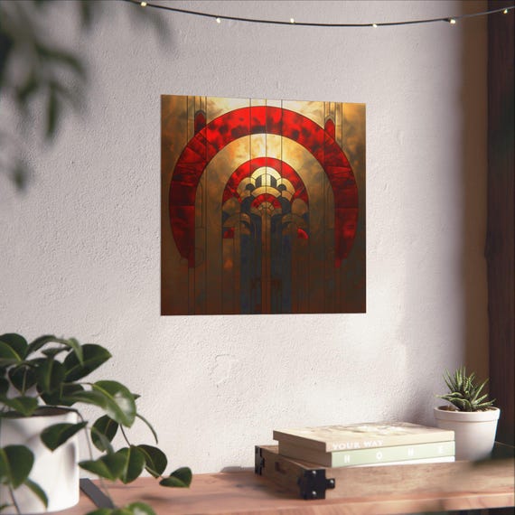 1920s Red And Gold Art Deco Sleek Poster Print Bold Statement Vibrant Metallic Look Geometric Colorful Shapes Zig Zags Rustic Art