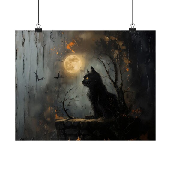 Black Cat Under A Glowing Full Moon With Bats Gothic Night Poster