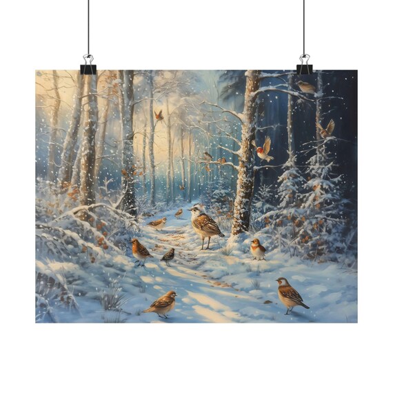 Snowy Woodland Birds Gathering Among Berry Bushes In Winter Morning Poster