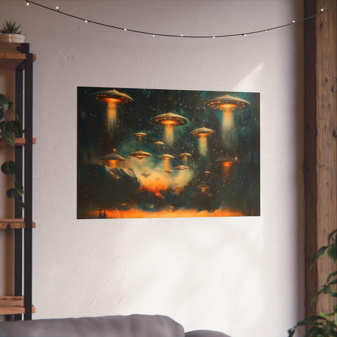 Fleet of Glowing UFOs Hovering Over Starry Night Landscape Poster - Image 2