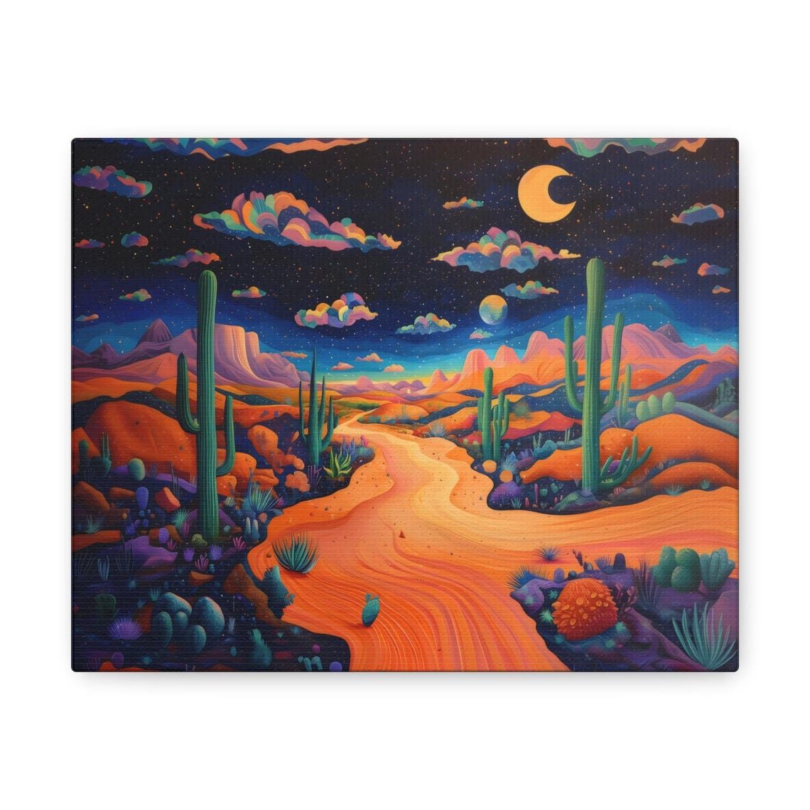 Crescent Moon Over Psychedelic Desert With Saguaro Cacti Art Print - Image 3