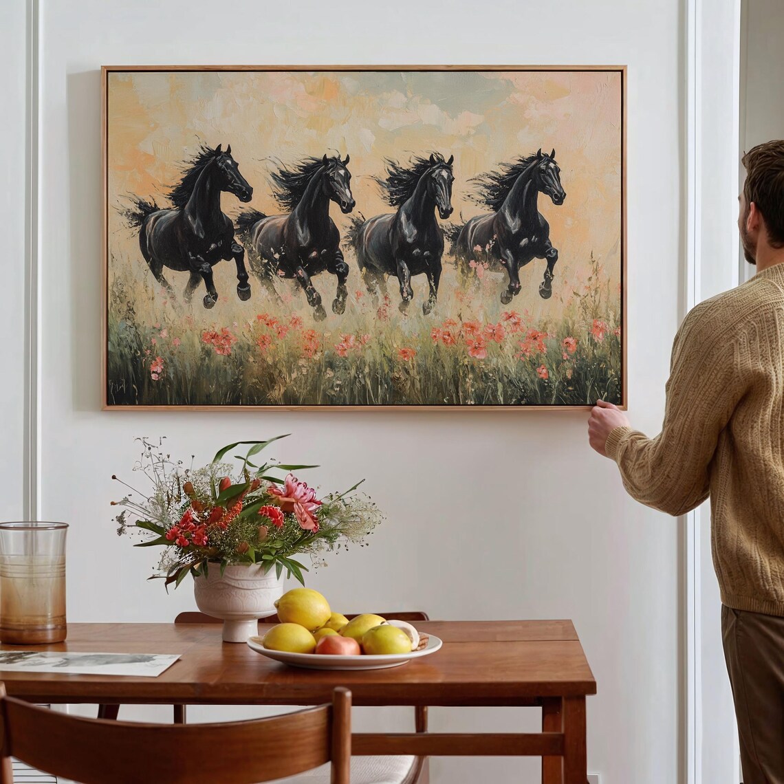 Four Black Stallions Galloping Through Wildflower Meadow Poster