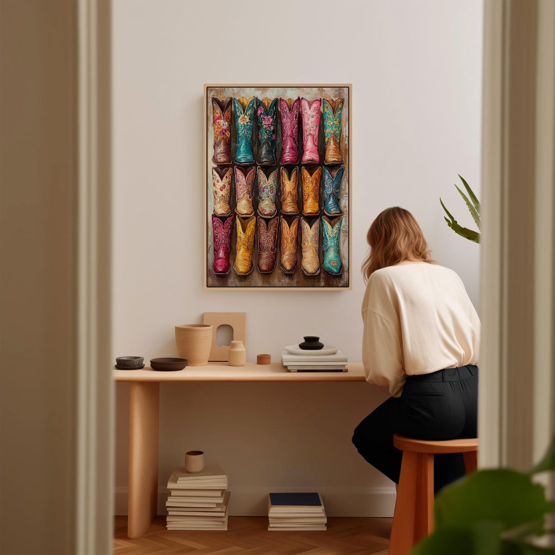 Colorful Floral Cowboy Boots Collection Grid Pattern Western Poster - Image 2
