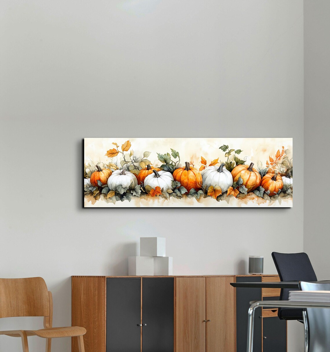 Orange White Pumpkin Row With Ivy Autumn Harvest Still Poster - Image 3