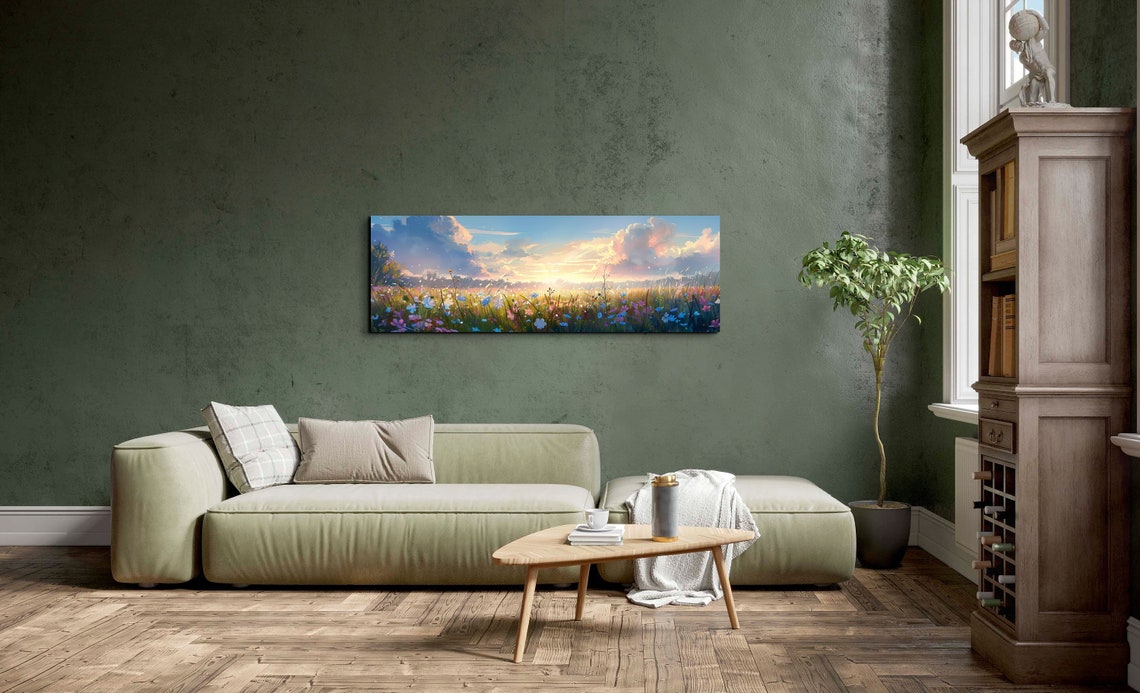 Wildflower Meadow at Golden Sunset Pastel Sky Panoramic Poster - Image 7