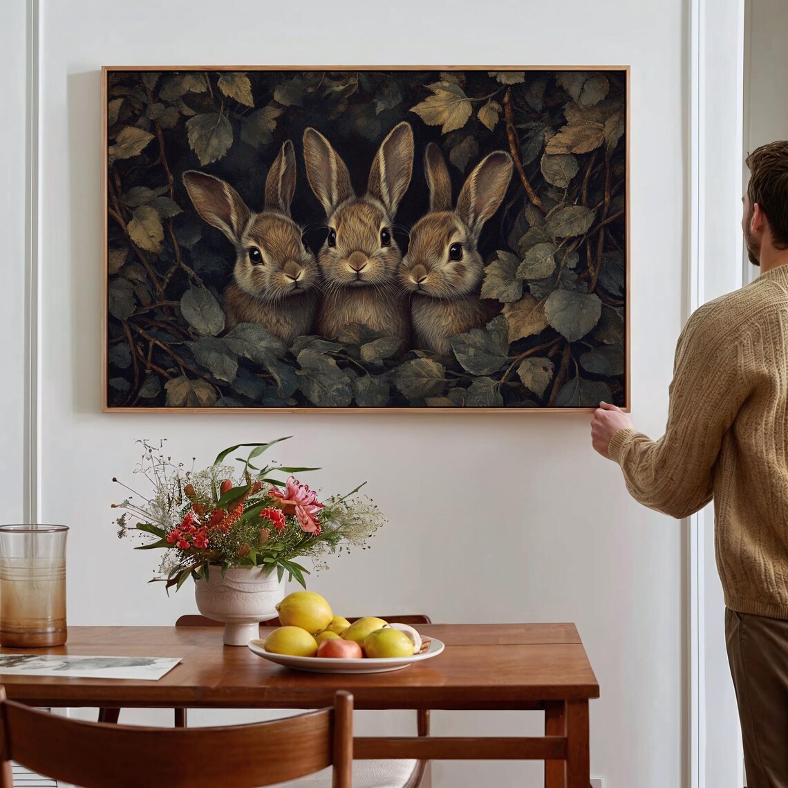 Three Baby Bunnies Peeking Through Dark Woodland Foliage Poster - Image 4
