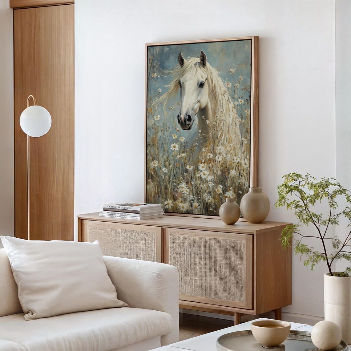 White Horse In Wildflower Meadow, Rustic Art Print - Image 4