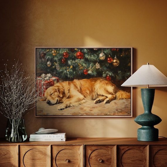 Sleeping Golden Retriever Under Christmas Tree With Gifts Poster
