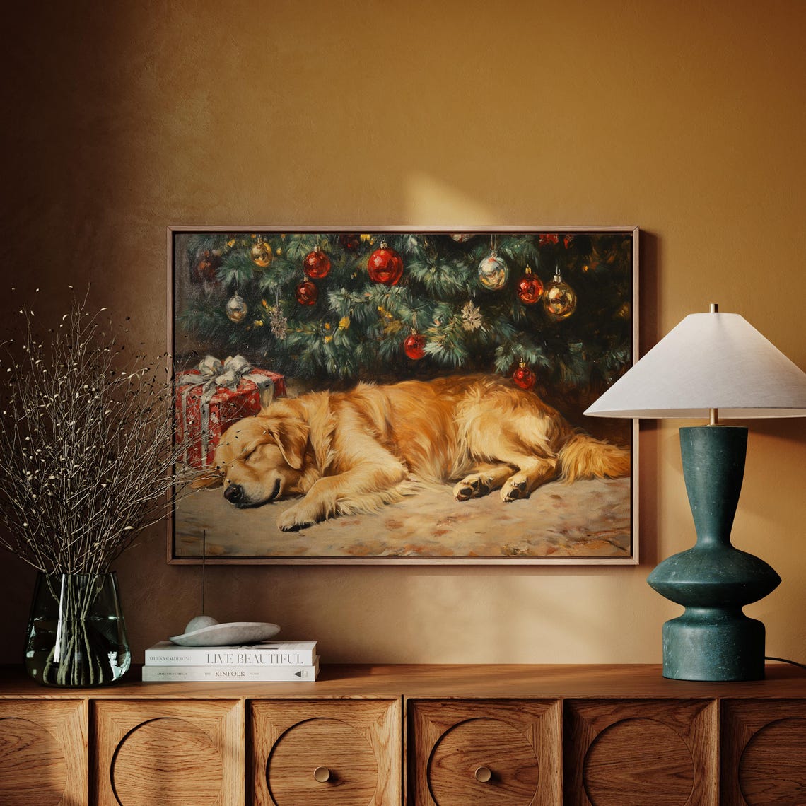 Sleeping Golden Retriever Under Christmas Tree With Gifts Poster