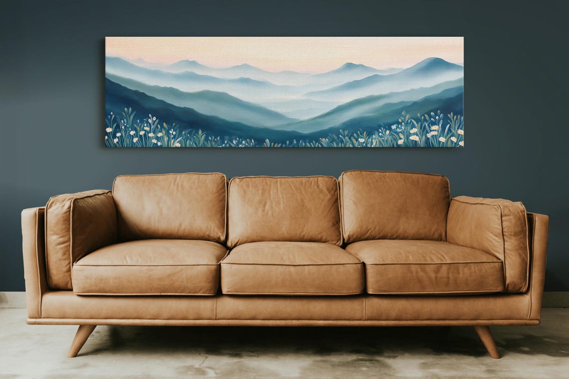 Layered Blue Mountains at Sunrise With Wildflowers Panorama Poster - Image 5