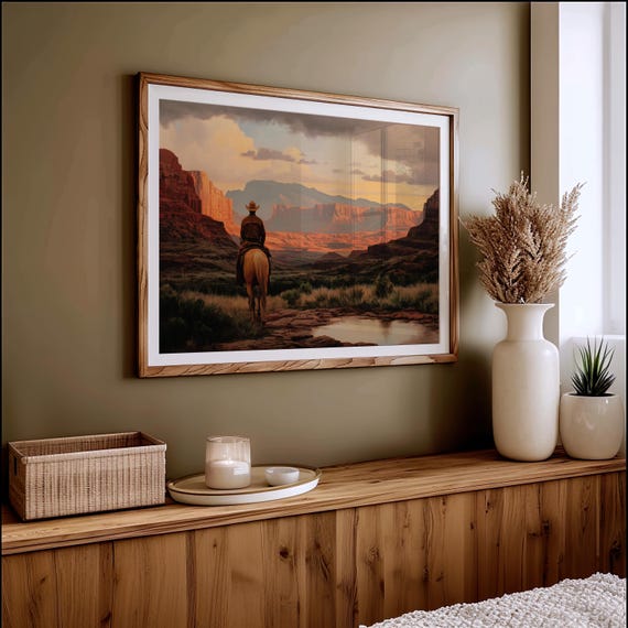 Cowboy On Horseback Across Red Rock Canyon Art Print
