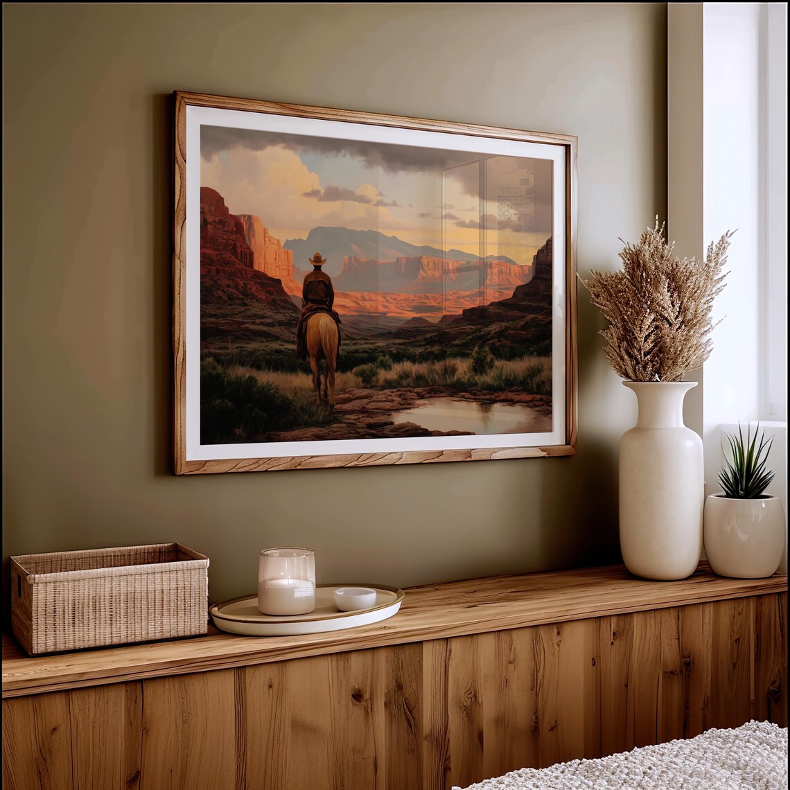 Cowboy On Horseback Across Red Rock Canyon Art Print